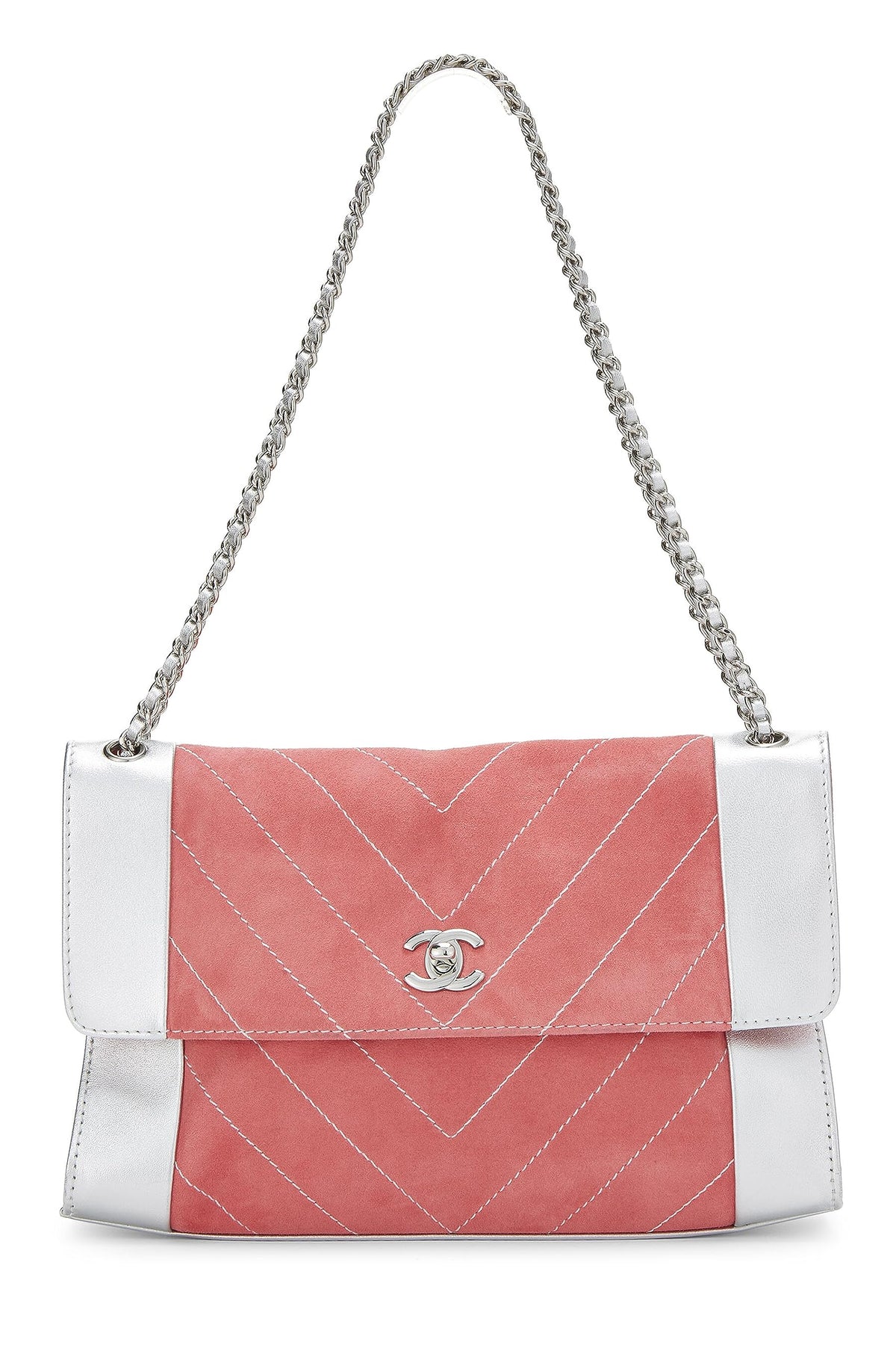 Chanel,  Pink Suede & Silver Leather Chevron Flap Medium, Pink