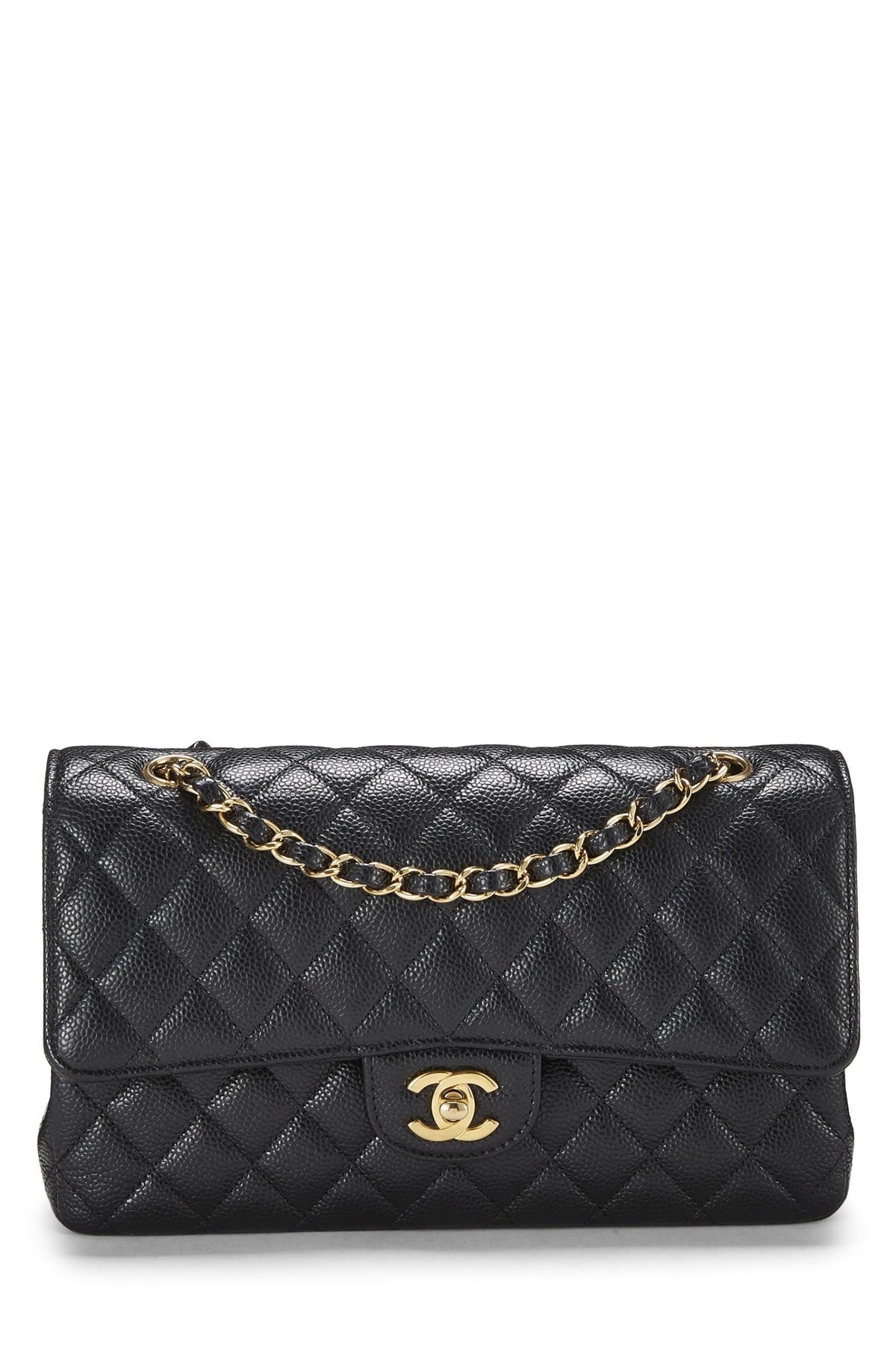 Chanel,  Black Quilted Caviar Classic Double Flap Medium, Black