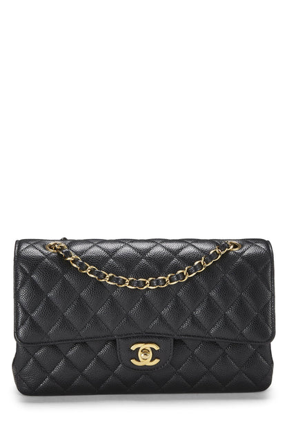 Chanel,  Black Quilted Caviar Classic Double Flap Medium, Black