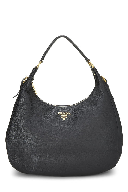 Prada,  Black Vitello Daino Hobo Medium, Black