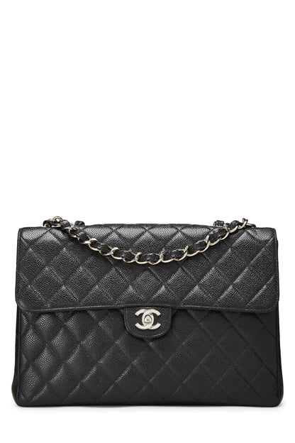 Chanel,  Black Quilted Caviar Half Flap Jumbo, Black