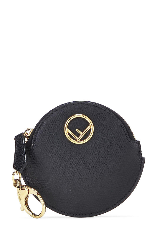 Fendi,  Black Leather Round Coin Purse, Black