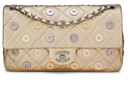 Chanel,  Paris-Dubai Gold Perforated Leather Medals Flap Jumbo, Gold