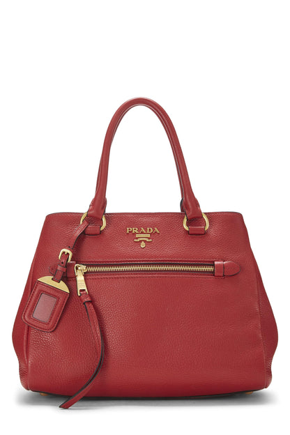 Prada,  Red Vitello Daino Convertible Tote Small, Red