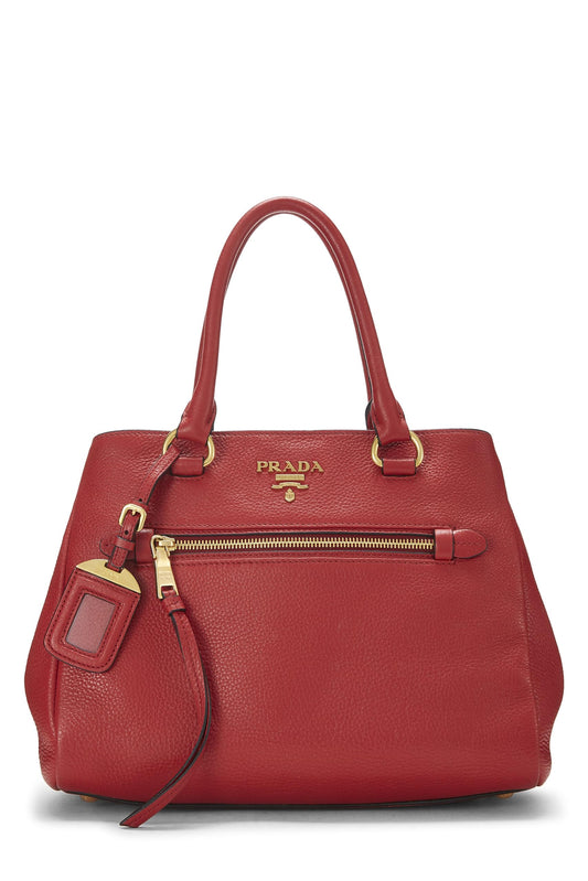 Prada,  Red Vitello Daino Convertible Tote Small, Red