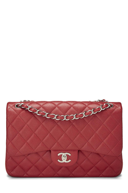 Chanel,  Red Quilted Caviar New Classic Double Flap Jumbo, Red