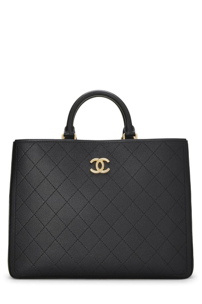 Chanel,  Black Quilted Caviar Shopping Tote Large, Black