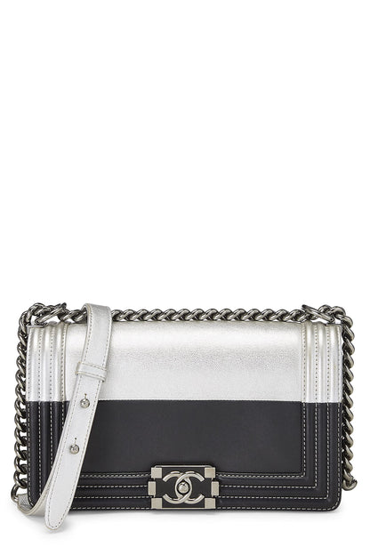 Chanel,  Black & Metallic Silver Bi-Color Calfskin Boy Bag Medium, Multi