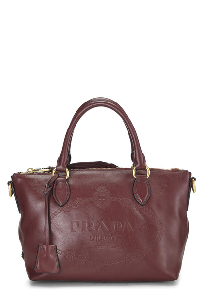 Prada,  Burgundy Calfskin Logo Embossed Convertible Handbag, Burgundy