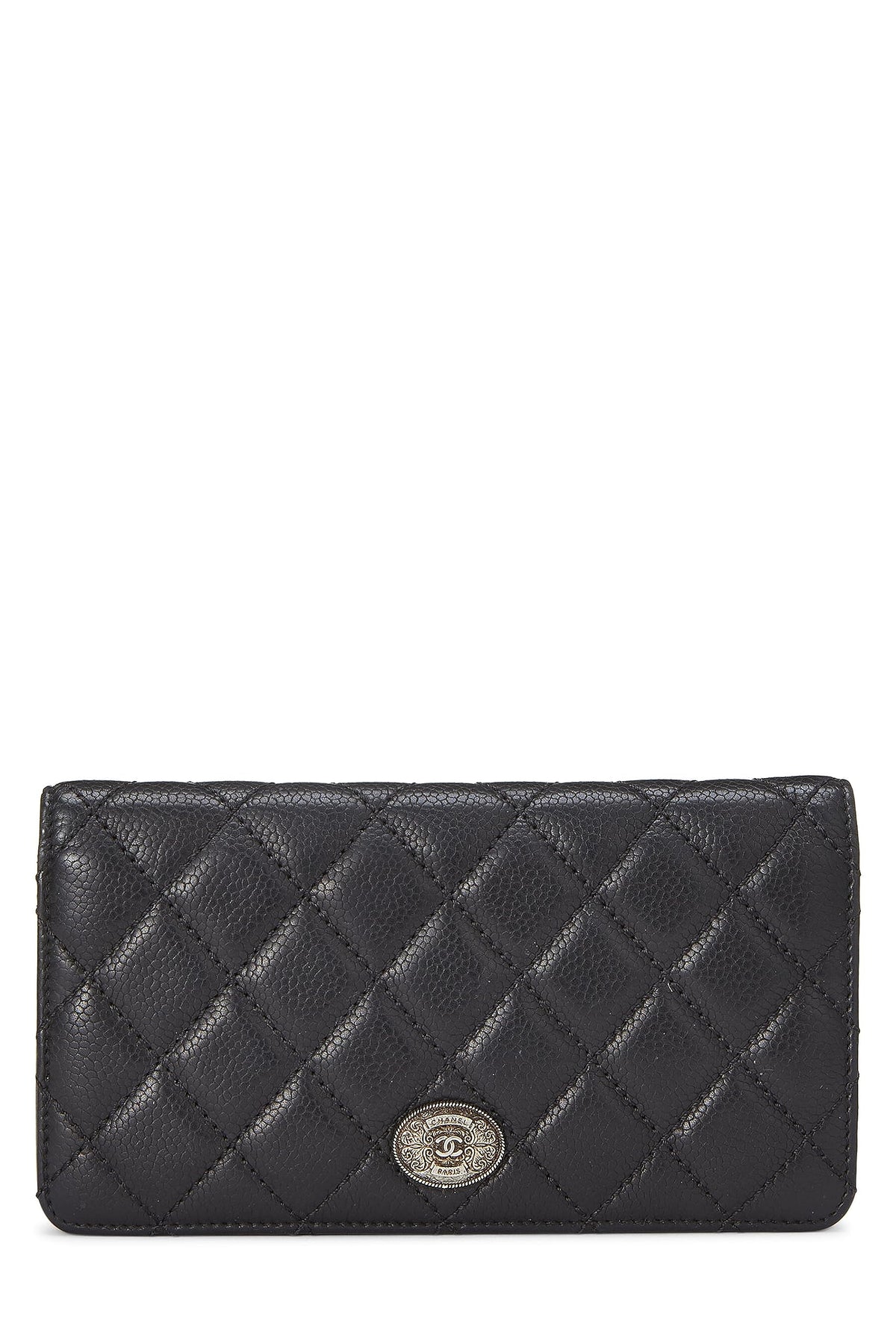Chanel,  Black Quilted Caviar Long Flap Wallet, Black