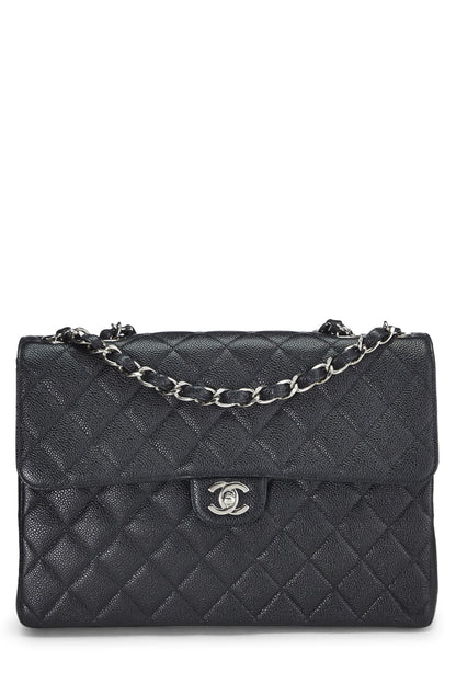 Chanel,  Black Quilted Caviar Half Flap Jumbo, Black