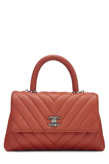 Chanel,  Orange Chevron Caviar Coco Handle Bag Small, Orange
