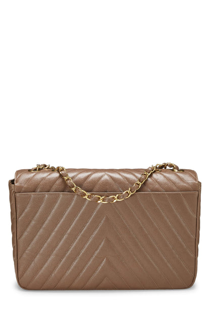 Chanel,  Brown Chevron Caviar Half Flap Maxi, Brown
