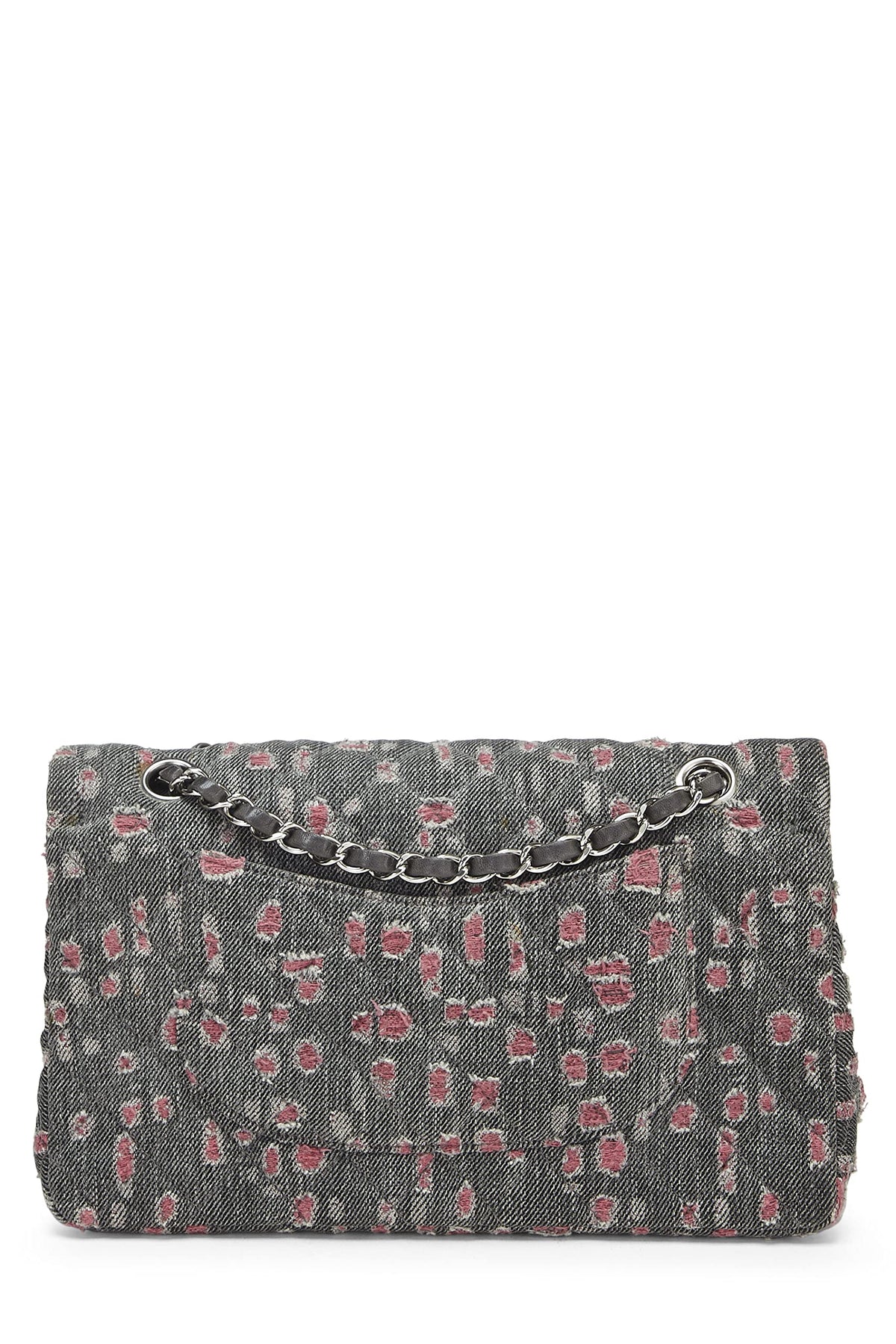 Chanel,  Grey & Pink Distressed Denim Classic Double Flap Medium, Pink