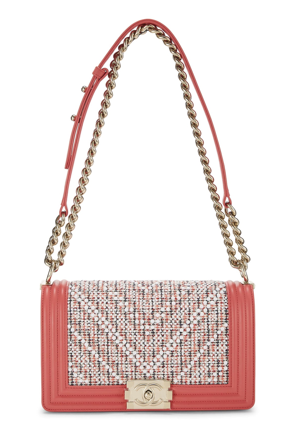 Chanel,  Pink & Multicolor Tweed Chevron Pearl Boy Bag Medium, Pink