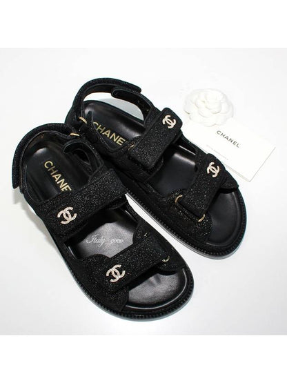 CC Logo Velcro Suede Kidskin Sandals Black Chanel
