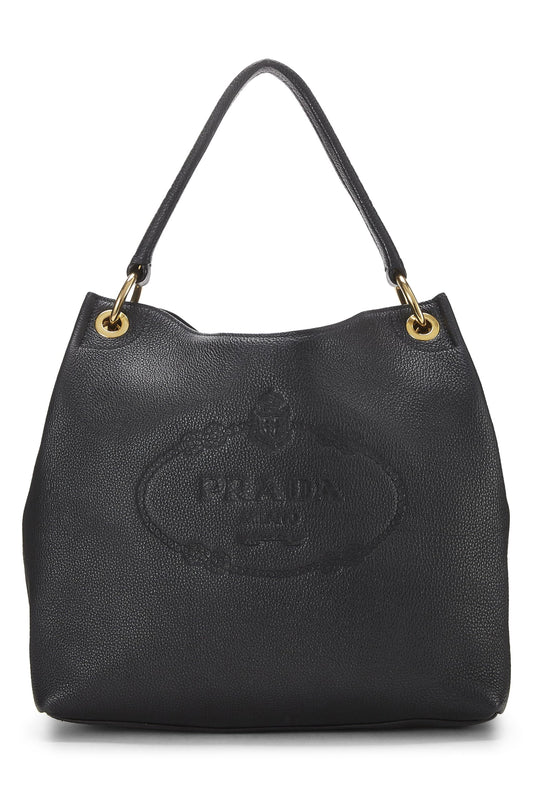 Prada,  Black Vitello Daino Embossed Logo Hobo, Black
