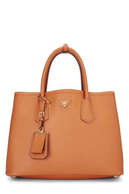 Prada,  Orange Saffiano Leather Cuir Double Tote Medium, Orange