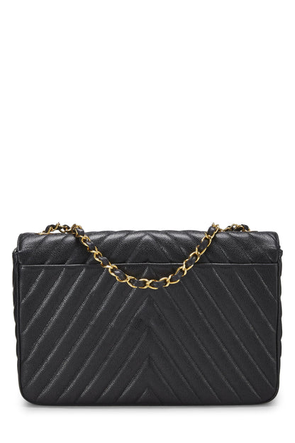 Chanel,  Black Chevron Caviar Half Flap Maxi, Black