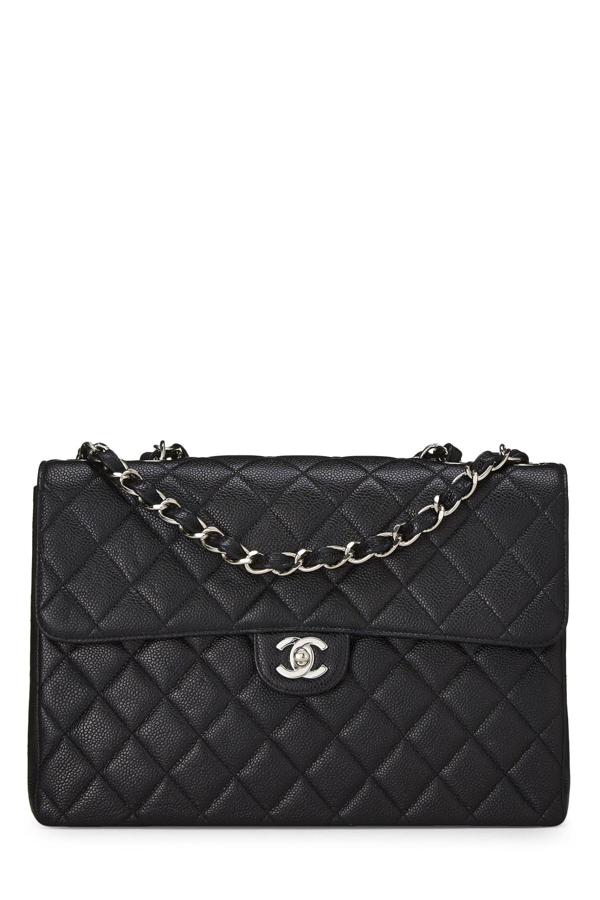Chanel,  Black Quilted Caviar Half Flap Jumbo, Black