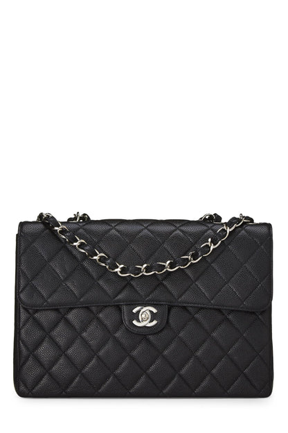 Chanel,  Black Quilted Caviar Half Flap Jumbo, Black