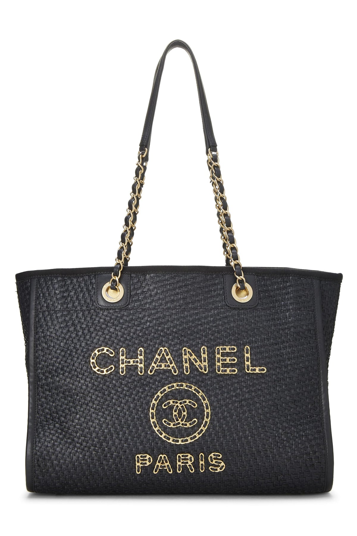 Chanel,  Black & Natural Woven Raffia Deauville Tote Medium, Black