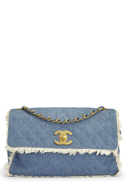 Chanel,  Blue Quilted Denim Half Flap Maxi, Blue