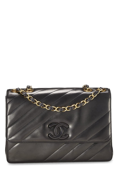 Chanel,  Black Diagonal Lambskin Flap Jumbo, Black