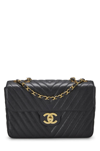 Chanel,  Black Chevron Caviar Half Flap Maxi, Black