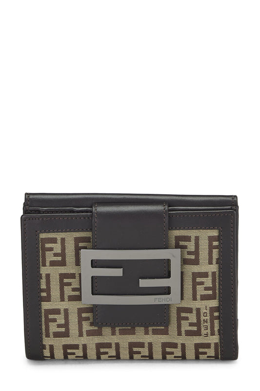 Fendi,  Brown Zucchino Canvas Compact Wallet, Brown