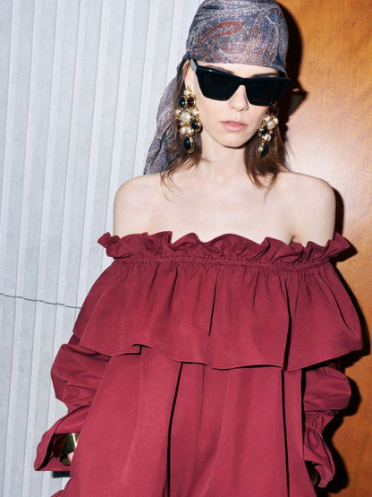 Bordeaux Off-the-Shoulder Ruffled Cotton Twill Dress