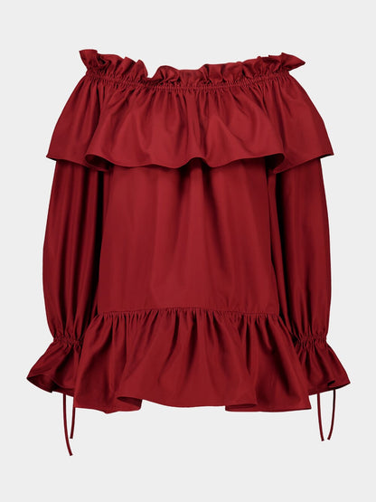 Bordeaux Off-the-Shoulder Ruffled Cotton Twill Dress
