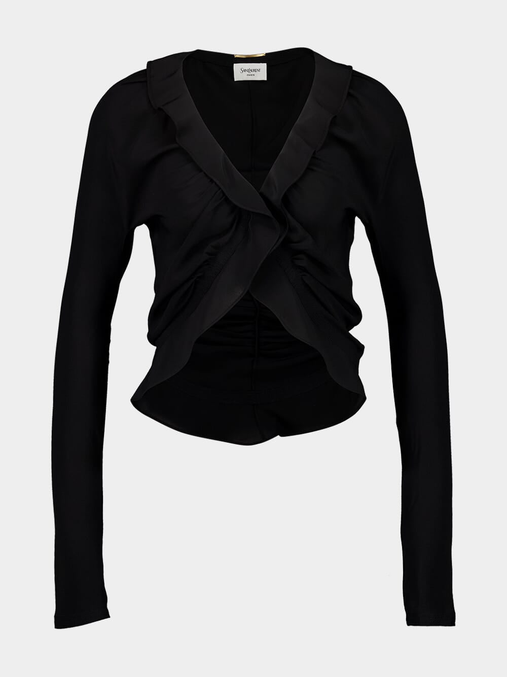 Black Ruffled Silk Crepe de Chine Blouse