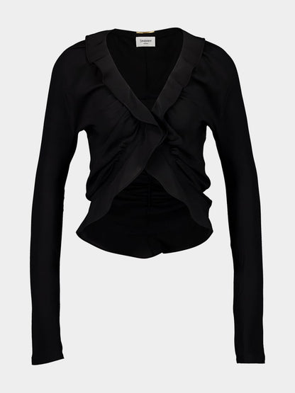 Black Ruffled Silk Crepe de Chine Blouse