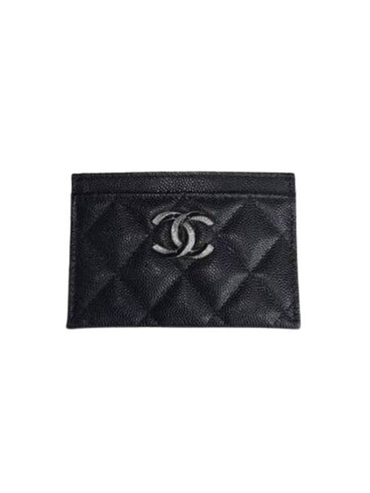 CC Logo Shiny Grained Calfskin Card Wallet Black Chanel