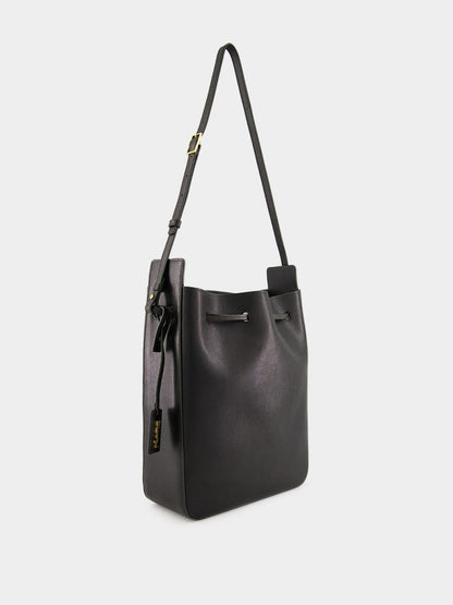 Black Leather Large Bucket Bag with Cassandre Charm