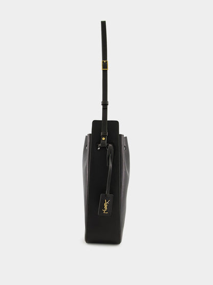 Black Leather Large Bucket Bag with Cassandre Charm