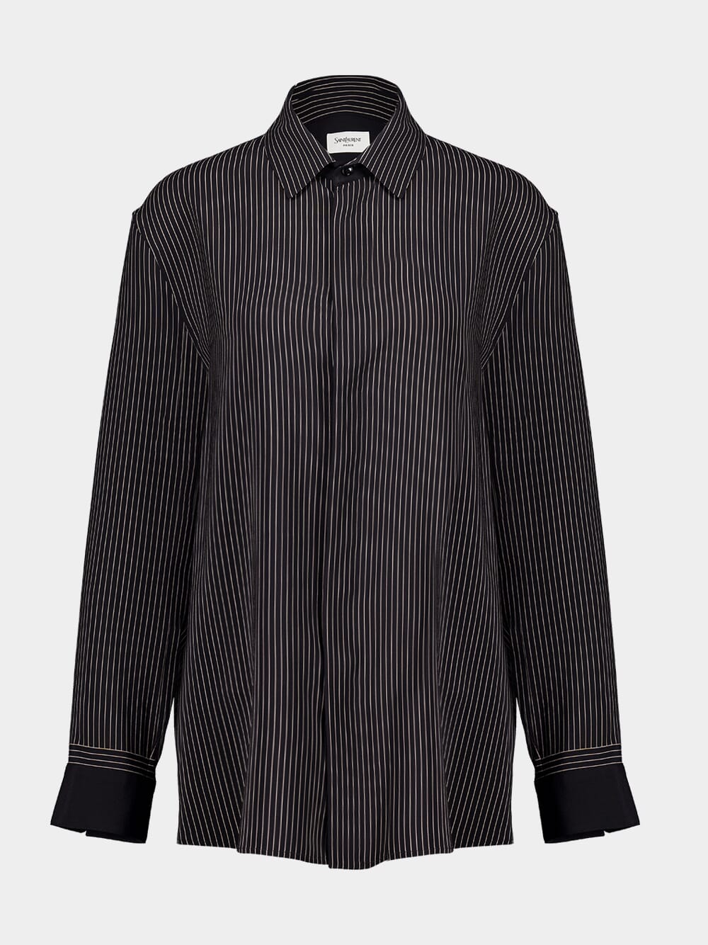 Pinstriped Silk Long-Sleeve Shirt in Black