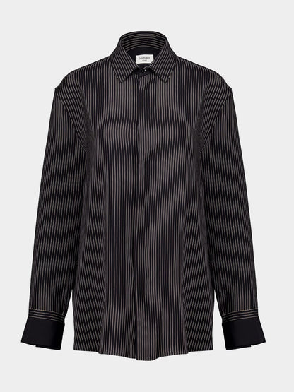 Pinstriped Silk Long-Sleeve Shirt in Black