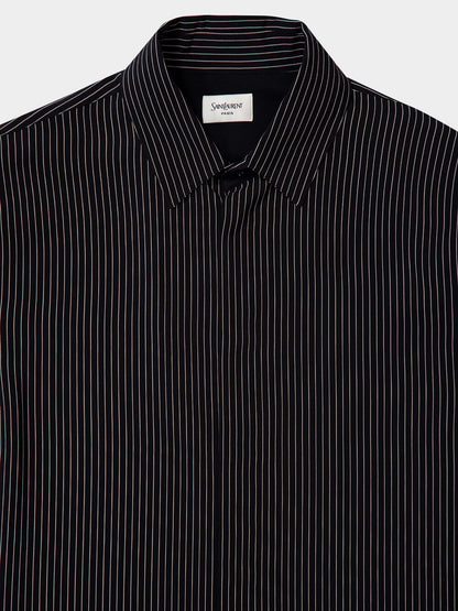 Pinstriped Silk Long-Sleeve Shirt in Black