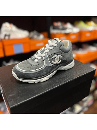 CC Logo Fabric Suede Low-Top Sneakers Dark Grey Chanel