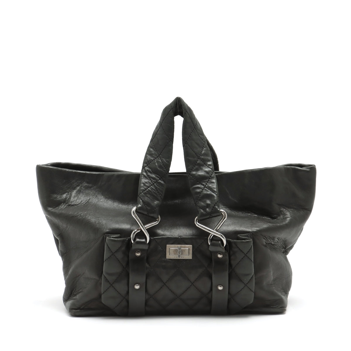 Chanel 2.55 Leather Tote Bag Matrasse Black Silver Gold  11th