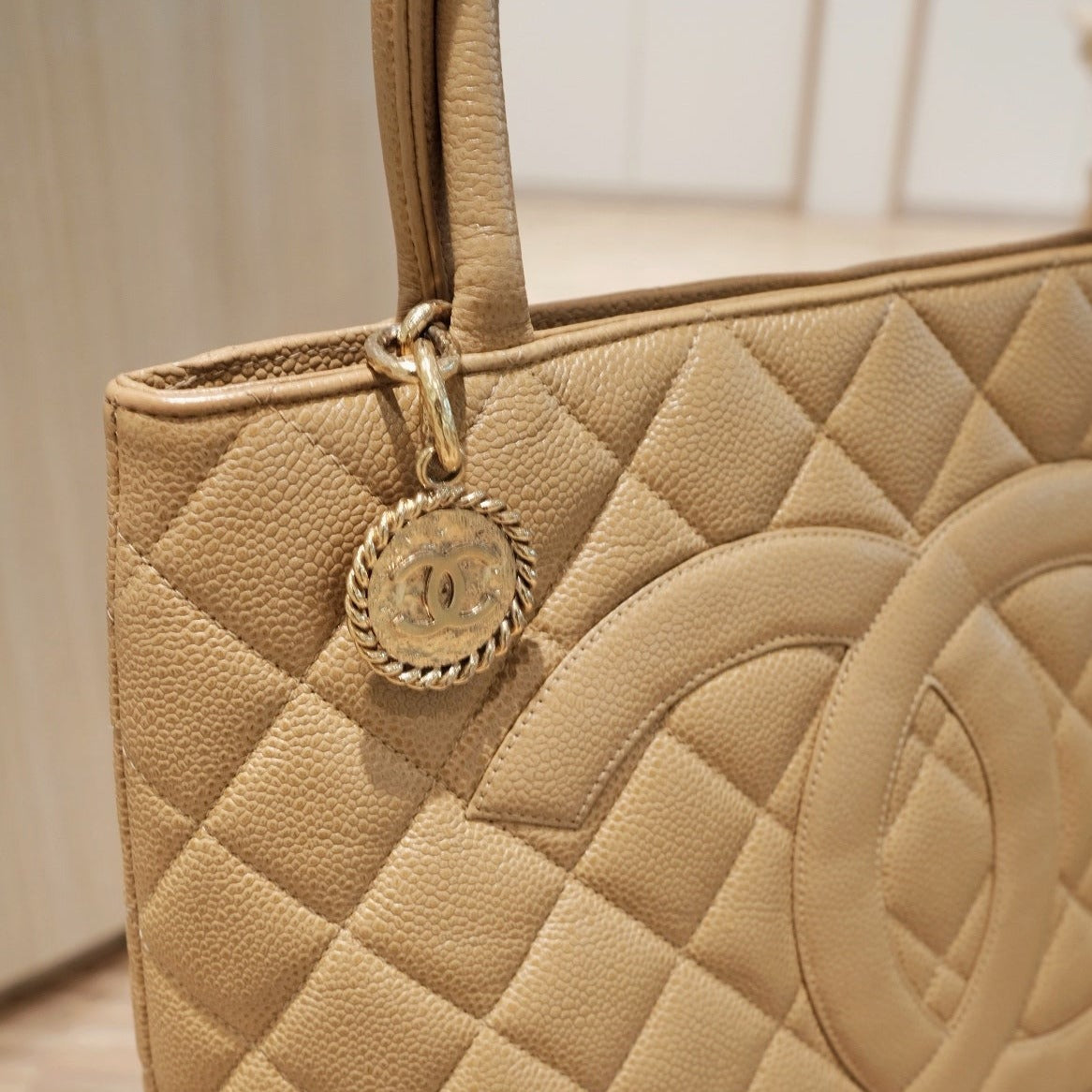 Chanel vintage medallion beige tote bag
