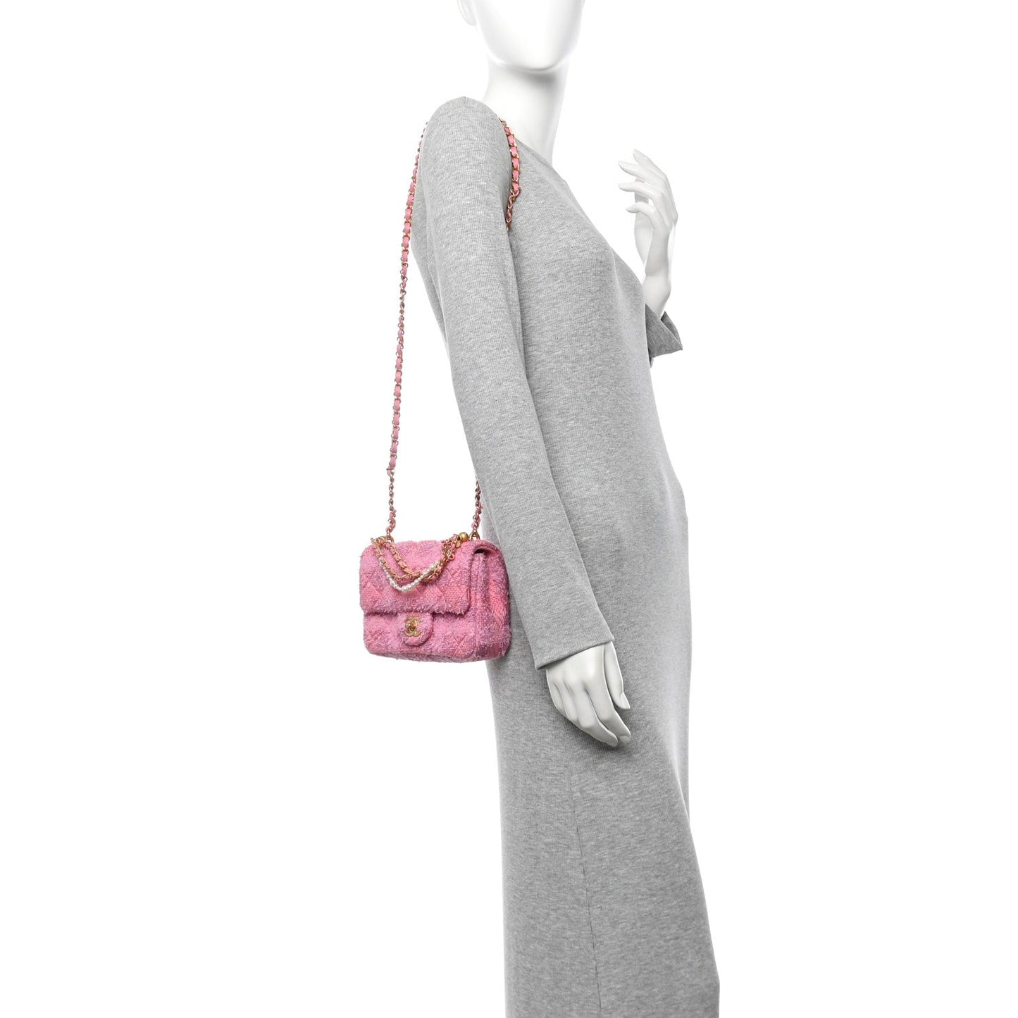 Tweed Quilted Pearl Twist Mini Square Flap Pink Dark Pink