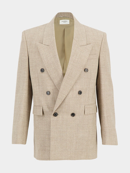 Beige Taupe Wool Double-Breasted Blazer