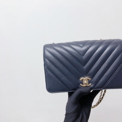 Calfskin Chevron Quilted Mini Statement Flap Navy Blue