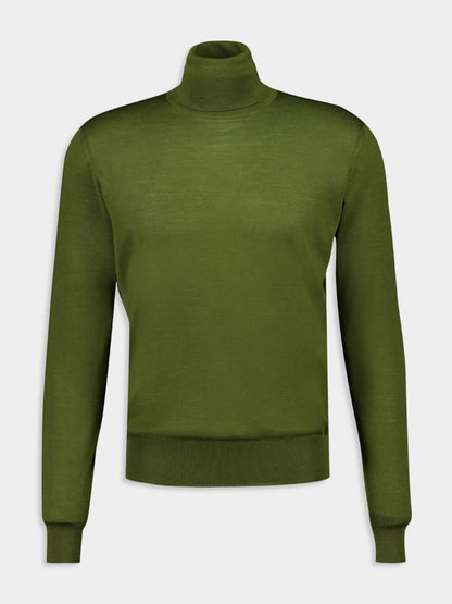 Turtleneck Sweater in Olive Green Cashmere Wool and Silk