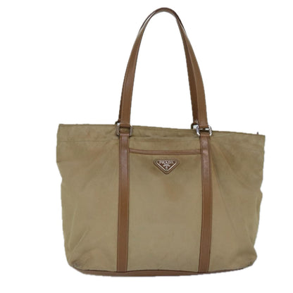 PRADA Tote Bag Nylon Beige Silver Auth 84544