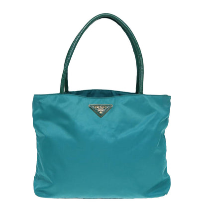 PRADA Tote Bag Nylon Turquoise Blue Gold Auth 84647