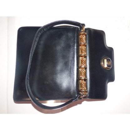 Gucci Black Leather Kelly Style W Bold Gold Hardware, Shoulder Bag